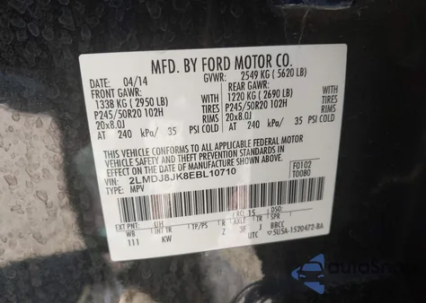 2014 Lincoln Mkx z USA, uszkodzony, nr VIN 2LMDJ8JK8EBL10710